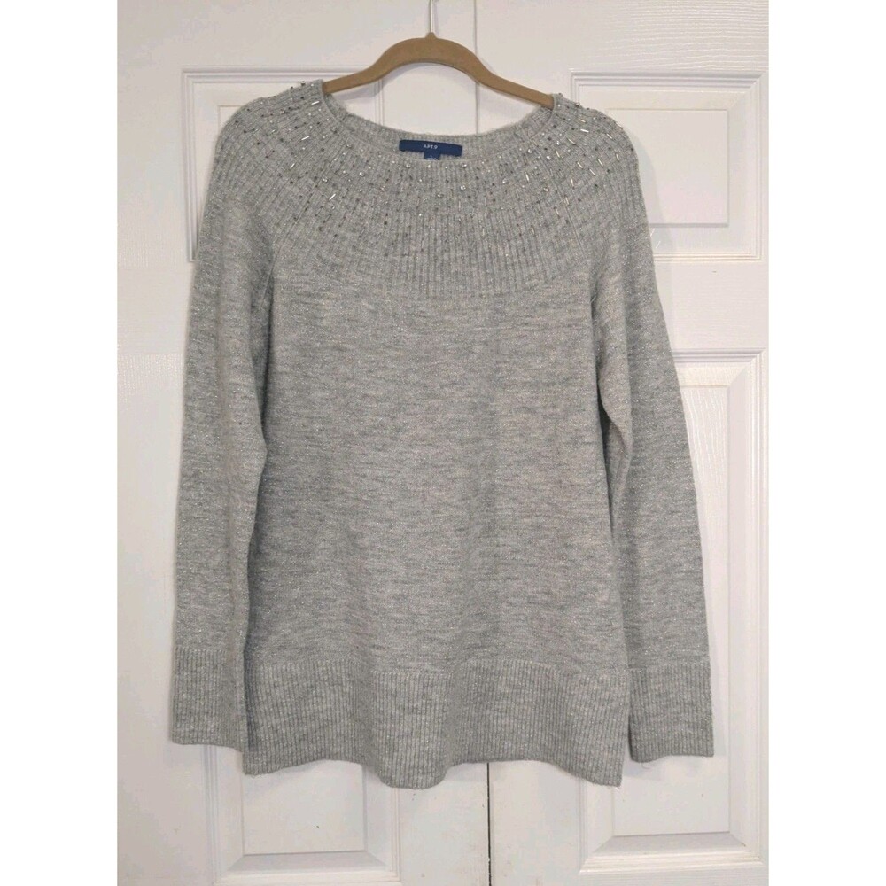 Apt. 9 Sweater Womens L Heather Gray Silver Metallic Embellished Soft Festive